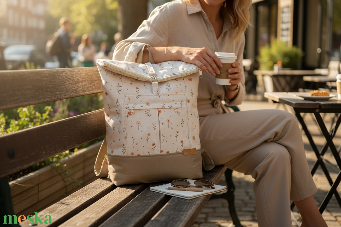 #HMV 27 Blaur krém virágos mintás vízhatlan rolltop hátizsák - táska & tok - laptoptáska, laptop hátizsák - Meska.hu