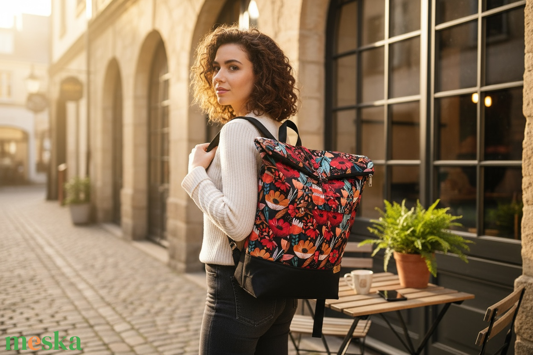 #HMV30 Blaur fekete alapon piros virágos vízhatlan rolltop hátizsák  - táska & tok - laptoptáska, laptop hátizsák - Meska.hu