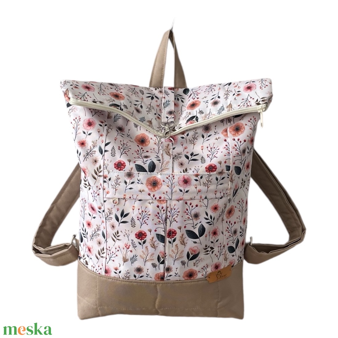 #HMV 30 Blaur krém virágos mintás vízhatlan rolltop hátizsák - táska & tok - laptoptáska, laptop hátizsák - Meska.hu