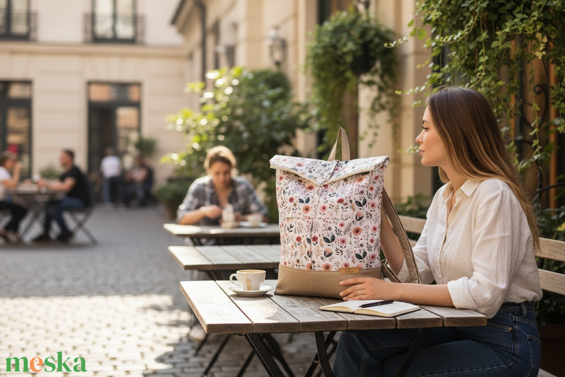 #HMV 30 Blaur krém virágos mintás vízhatlan rolltop hátizsák - táska & tok - laptoptáska, laptop hátizsák - Meska.hu