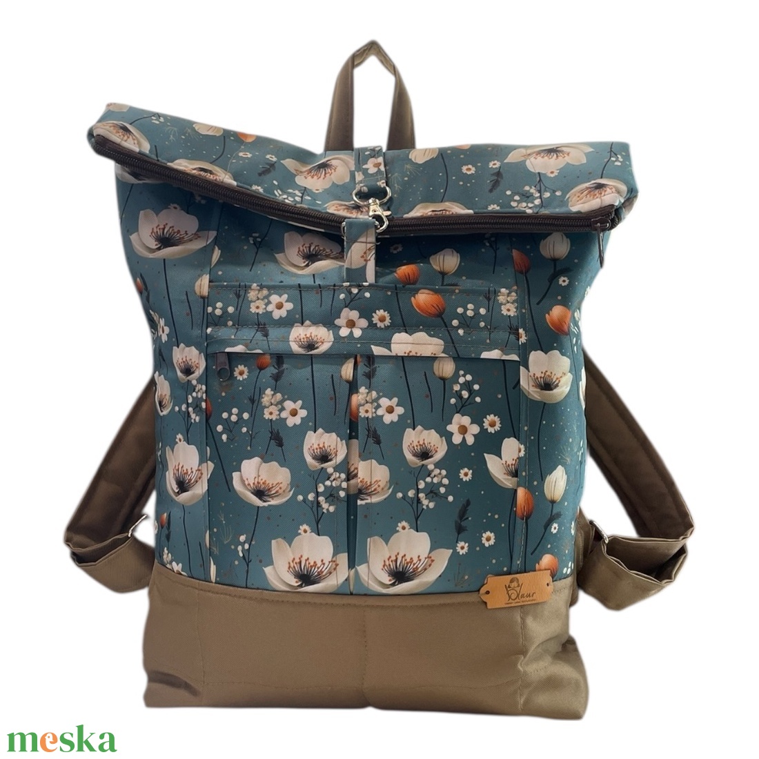 #HMV 33 Blaur krém virágos mintás vízhatlan rolltop hátizsák - táska & tok - laptoptáska, laptop hátizsák - Meska.hu