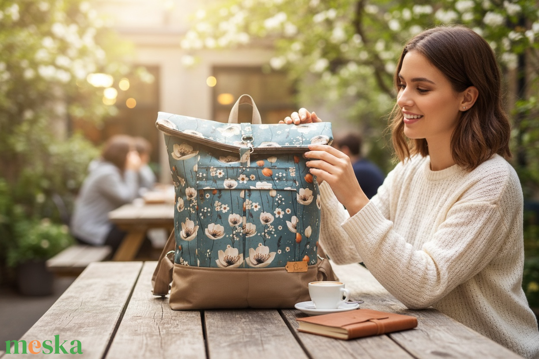 #HMV 33 Blaur krém virágos mintás vízhatlan rolltop hátizsák - táska & tok - laptoptáska, laptop hátizsák - Meska.hu