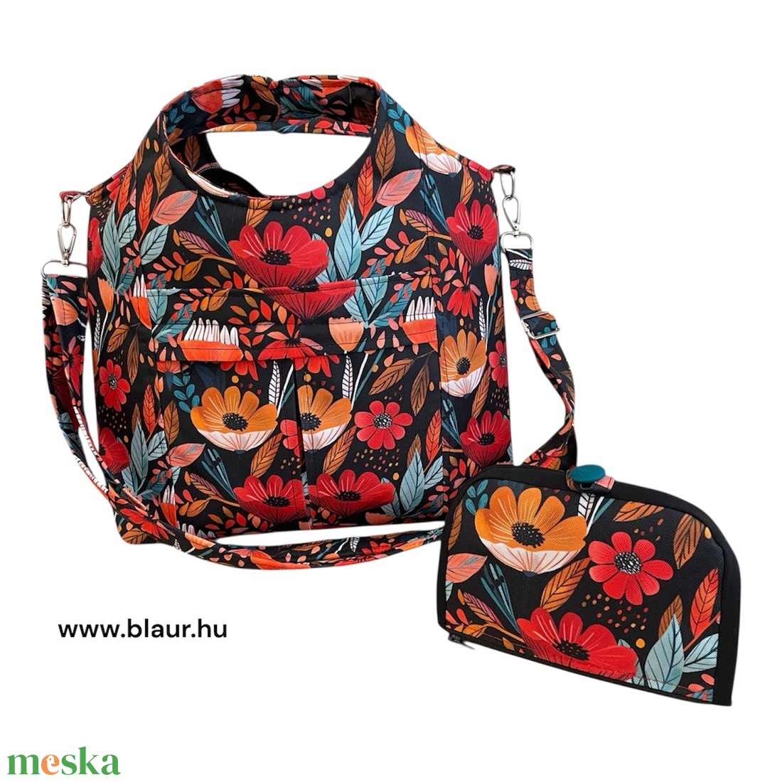 Blaur Fekete alapon piros virág mintás válltáska / kézitáska #TV1 - táska & tok - kézitáska & válltáska - válltáska - Meska.hu