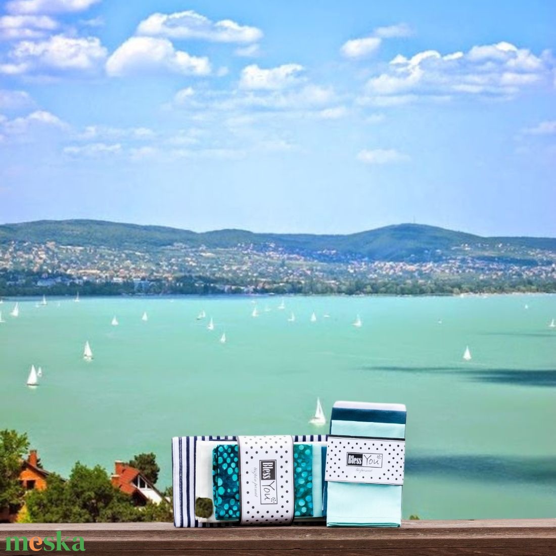 Balaton kollekció - biopamut zsebkendő, kék - 20 cm, 3 db / szett - szépségápolás - textil zsebkendő - Meska.hu