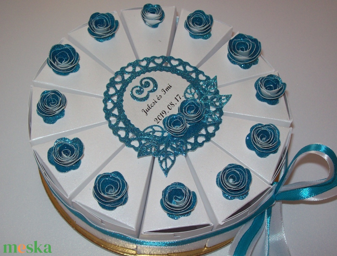 Pénzajándék átadó torta - türkiz, mini - otthon & életmód - papír, írószer - ajándékozás kellékei - papírtorta - Meska.hu