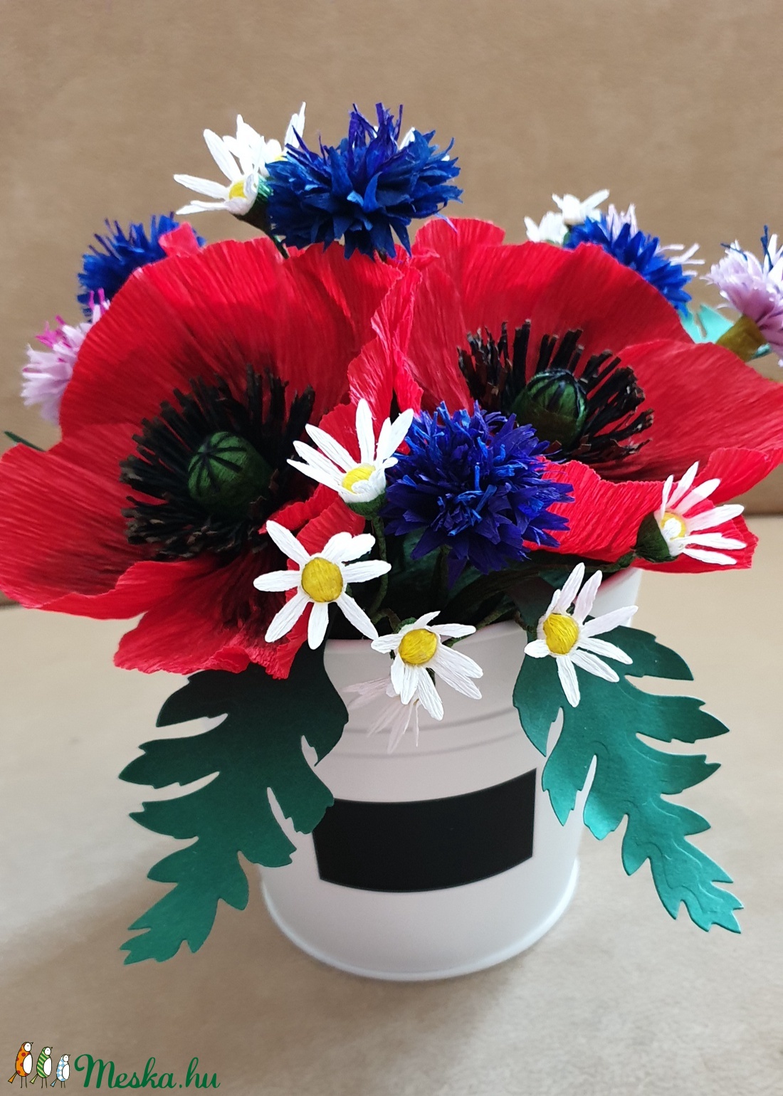 Élethű nyári virágok papírból fém vödörben 1 - otthon & életmód - dekoráció - Meska.hu