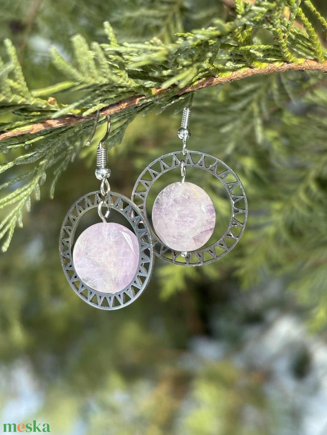 Pure-Ametiszt ásványfülbevaló nemes acél keretbe foglalva - ékszer - fülbevaló - karika fülbevaló - Meska.hu