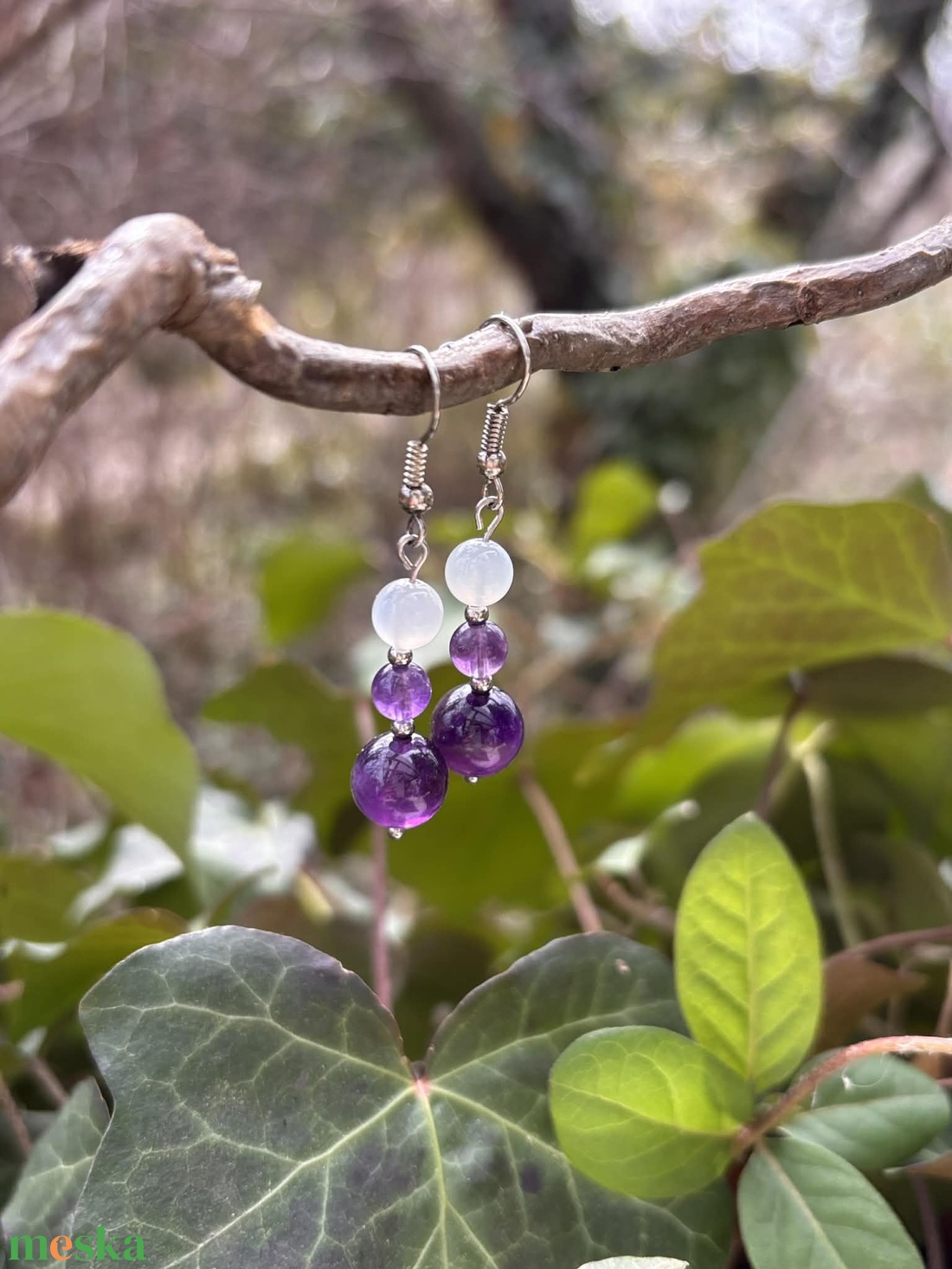 Gyógyír-Ékszerszett ametiszt ásványkarkötő és fülbevaló holdkővel és végtelen csomó köztessel - ékszer - ékszerszett - Meska.hu