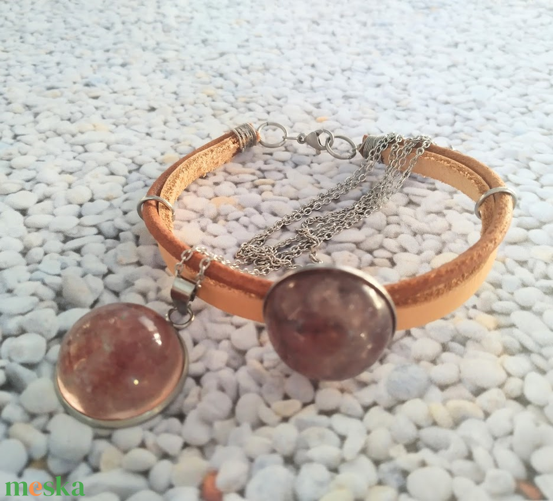 ORGONIT gyógyító koncentráció cseresznyekvarc és hegyikristály ásvány, bőr és nemesacél karkötő, nyaklánc szett - ékszer - ékszerszett - Meska.hu