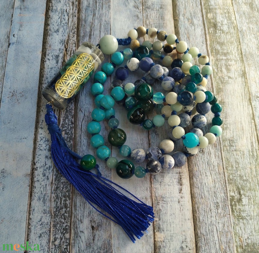 ORGONIT mala 108 szemes, kalcedon, türkiz és lapis lazuli medállal, türkiz, achát, amazonit, szodalit ásványokkal - otthon & életmód - dekoráció - spiritualitás - mala - Meska.hu
