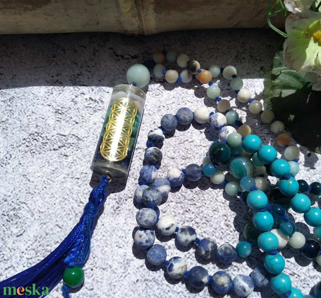 ORGONIT mala 108 szemes, kalcedon, türkiz és lapis lazuli medállal, türkiz, achát, amazonit, szodalit ásványokkal - otthon & életmód - dekoráció - spiritualitás - mala - Meska.hu