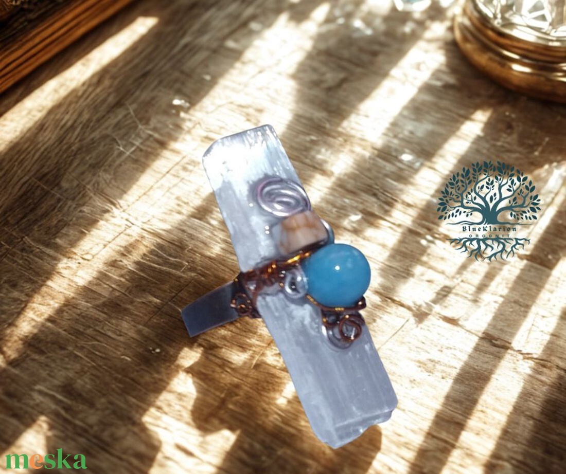 Angyali tudat szelenit, larimár, achát ásvány gyűrű - ékszer - gyűrű - statement gyűrű - Meska.hu