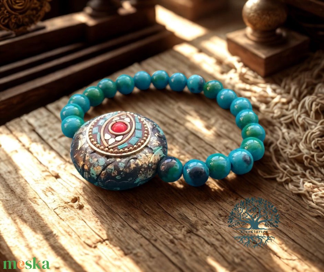 Kiegyensúlyozottság és boldogság karkötő harmadik szemmel, krizokolla ásvánnyal - ékszer - karkötő - gyöngyös karkötő - Meska.hu