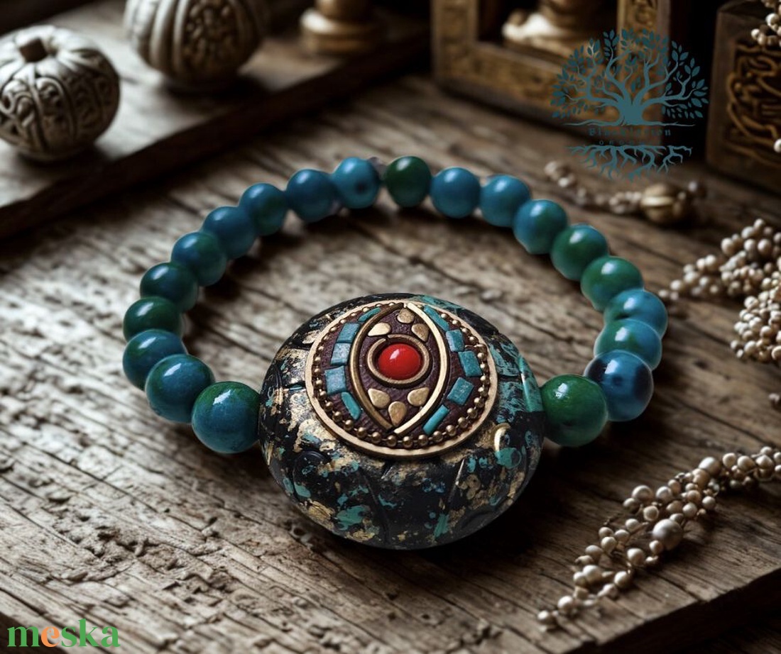 Kiegyensúlyozottság és boldogság karkötő harmadik szemmel, krizokolla ásvánnyal - ékszer - karkötő - gyöngyös karkötő - Meska.hu