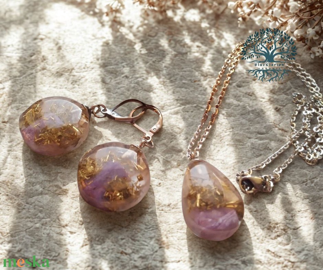 Orgonit és nemesacél szett csaroittal, rózsakvarccal, hegyikristállyal, réz forgáccsal - ékszer - ékszerszett - Meska.hu