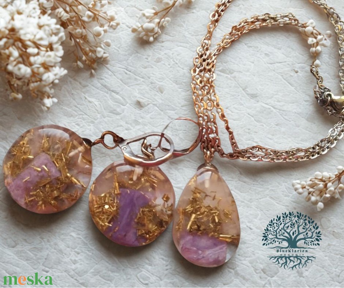 Orgonit és nemesacél szett csaroittal, rózsakvarccal, hegyikristállyal, réz forgáccsal - ékszer - ékszerszett - Meska.hu