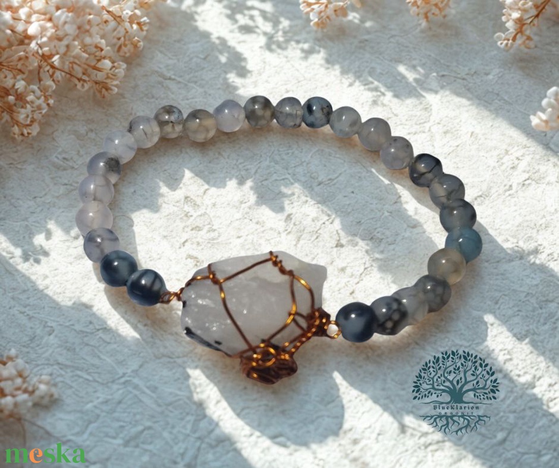 Aura tisztító a sámánok erejével, karkötő turmalin kvarc kritállyal, 6 mm-es sárkányvéna fehér achát  - ékszer - karkötő - gyöngyös karkötő - Meska.hu