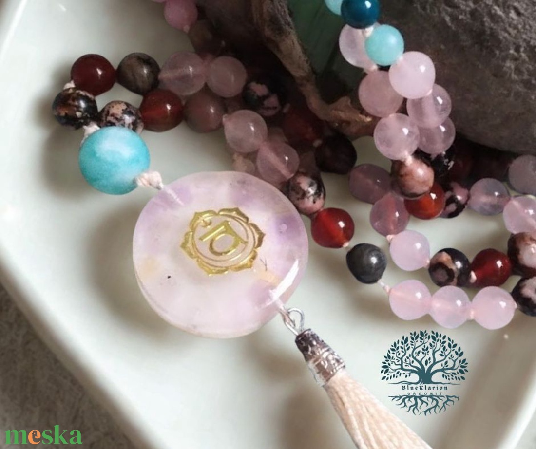 ORGONIT mala 108 szemes imafüzér, kalcedon medállal, rodonit, rózsakvarc, achát, amazonit, cseresznyekvarc ásványokkal - otthon & életmód - dekoráció - spiritualitás - mala - Meska.hu