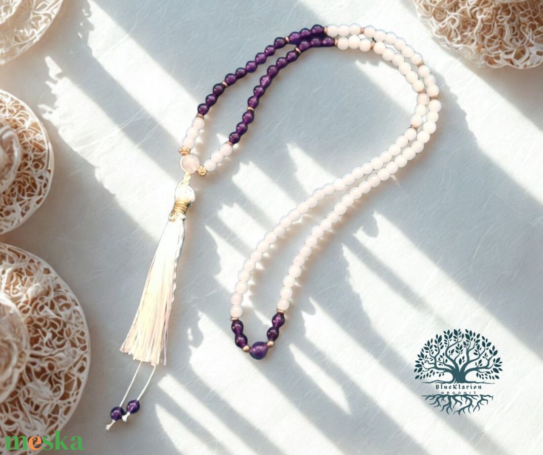 A szerelem vonzása mala, 108 szemes imafüzér ametiszt és rózsakvarc ásványokkal - otthon & életmód - dekoráció - spiritualitás - mala - Meska.hu