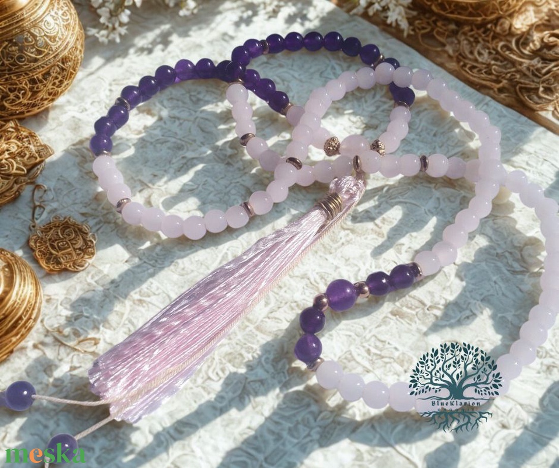 A szerelem vonzása mala, 108 szemes imafüzér ametiszt és rózsakvarc ásványokkal - otthon & életmód - dekoráció - spiritualitás - mala - Meska.hu