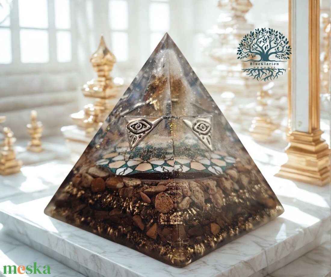 Orgonit nap ereje piramis citrinnel, kép jáspissal és tigrisszemmel - otthon & életmód - dekoráció - spiritualitás - orgonit piramis - Meska.hu