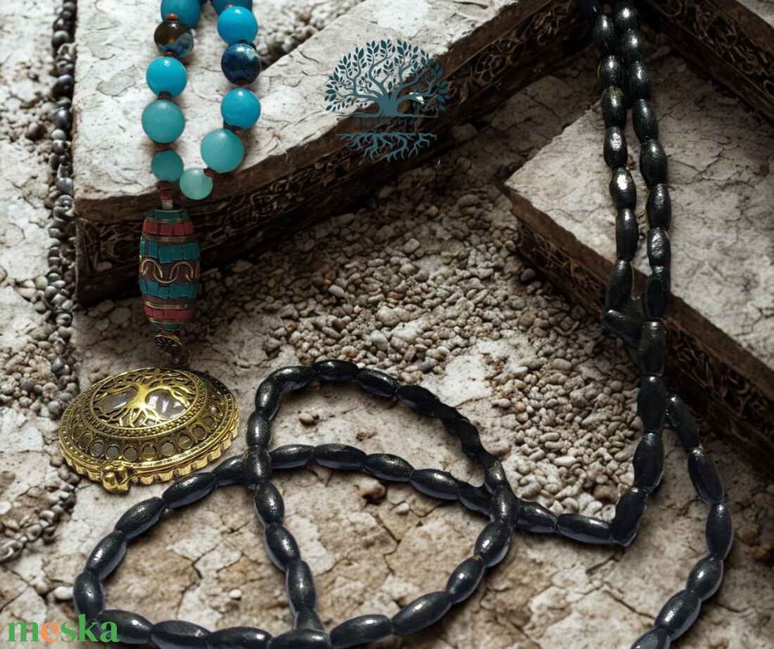 A tisztánlátás mala, 108 szemes imafüzér, nagyító üveges életfa medállal, ásványokkal - otthon & életmód - dekoráció - spiritualitás - mala - Meska.hu