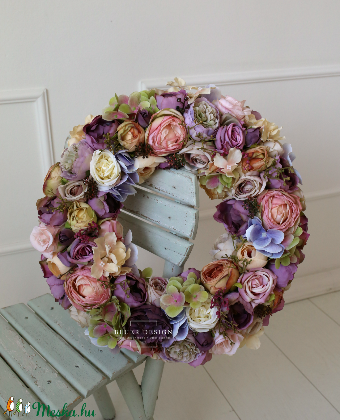 Vintage pasztell tavaszi selyemvirág kopogtató - virágkoszorú - selyemvirágos ajtódísz - otthon & életmód - dekoráció - Meska.hu