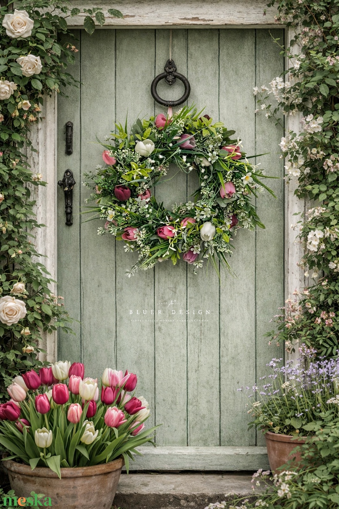 Vintage pasztell selyemvirág kopogtató - virágkoszorú - tavaszi luxus selyemvirágos Bridgerton stílusú ajtódísz  - otthon & életmód - dekoráció - ajtó- és ablak dekoráció - ajtódísz & kopogtató - Meska.hu