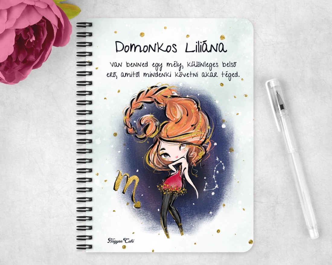 Személyre szabható - Vörös hajú Csini Skorpió lány mintás A5-ös füzet - otthon & életmód - papír, írószer - jegyzetfüzet & napló - Meska.hu