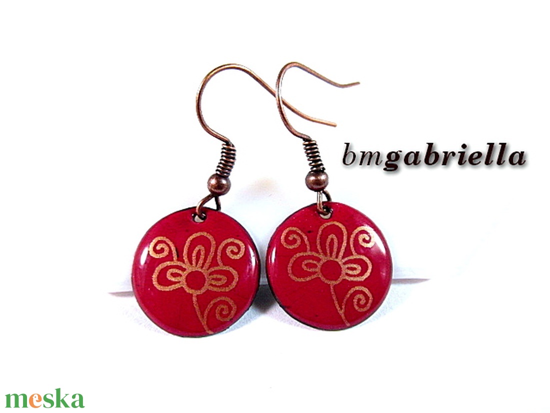 Tűzzománc fülbevaló - magyar népi motívum - egyedi tervezésű kézműves ékszer - bordó - ékszer - fülbevaló - lógó fülbevaló - Meska.hu