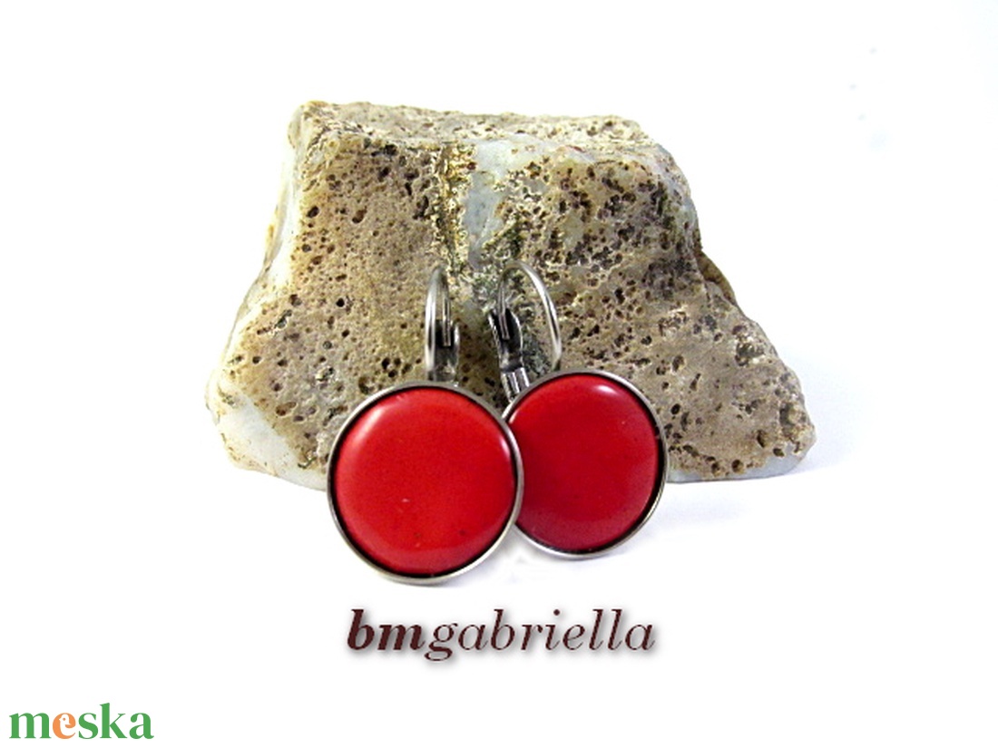 Tűzzománc fülbevaló - nemesacél, orvosi fém fülbevaló francia kapoccsal, piros tűzzománc betéttel - ékszer - fülbevaló - lógó fülbevaló - Meska.hu