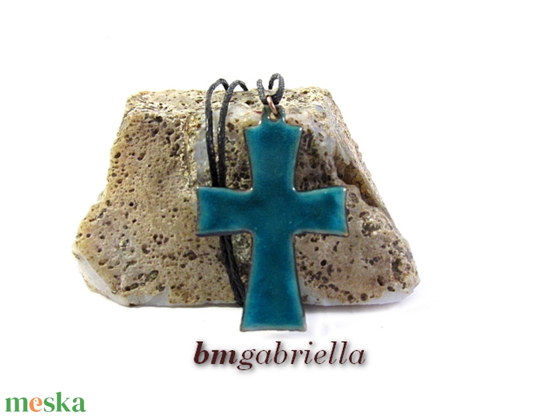 Kereszt - tűzzománc medál - türkiz - ékszer - nyaklánc - medál - Meska.hu