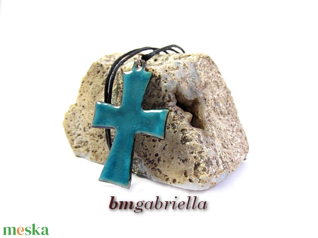 Kereszt - tűzzománc medál - türkiz - ékszer - nyaklánc - medál - Meska.hu