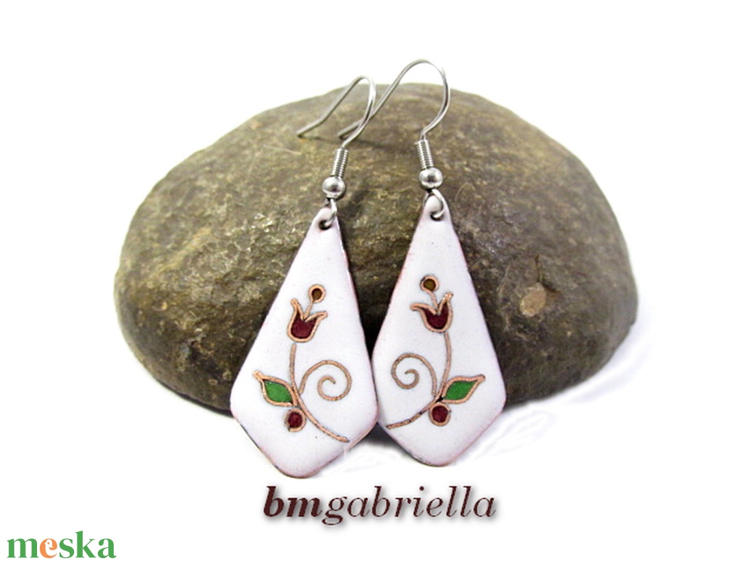 Ölelő tulipános - tűzzománc fülbevaló nemesacél akasztóval - ékszer - fülbevaló - lógó fülbevaló - Meska.hu