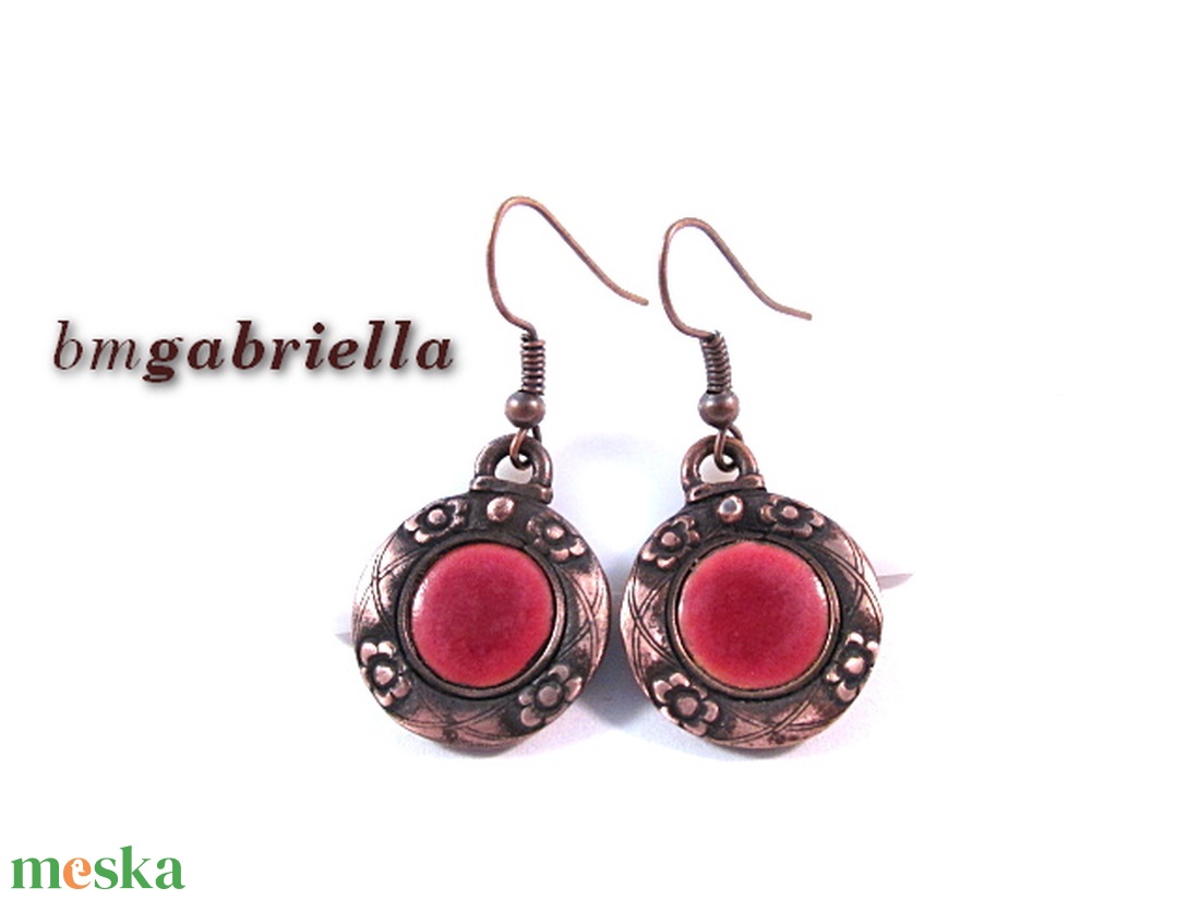 Rózsás - tűzzománc fülbevaló, egyedi tervezésű kézműves ékszer - ékszer - fülbevaló - lógós kerek fülbevaló - Meska.hu