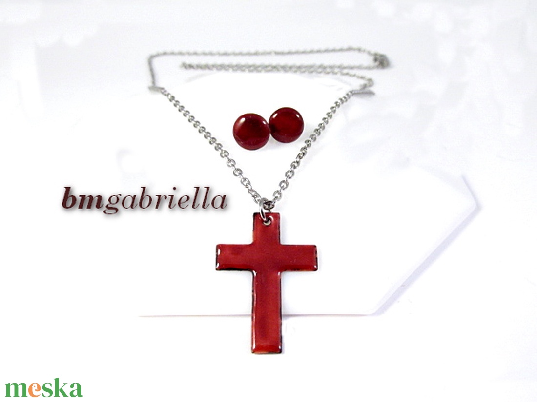 Tűzzománc ékszerszett - kereszt medál orvosi fém láncon és pontfülbevaló - bordó - ékszer - ékszerszett - Meska.hu