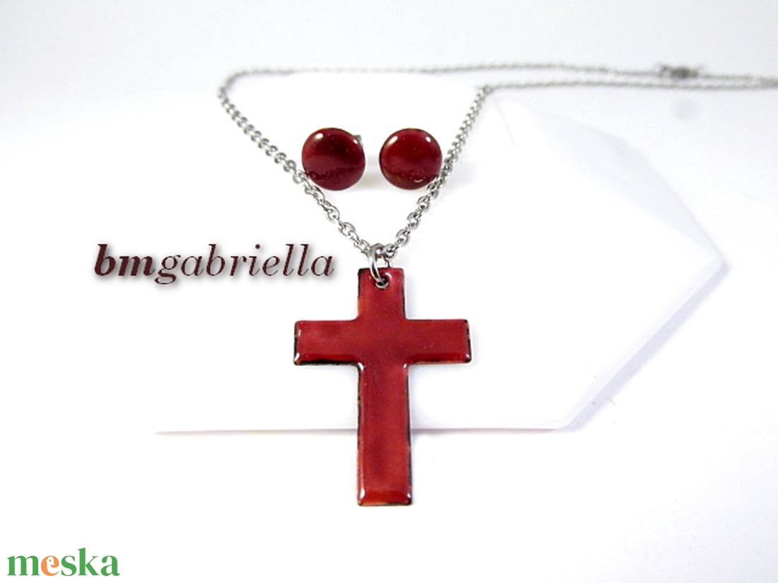 Tűzzománc ékszerszett - kereszt medál orvosi fém láncon és pontfülbevaló - bordó - ékszer - ékszerszett - Meska.hu