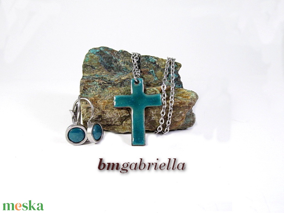 Tűzzománc ékszerszett - kereszt medál orvosi fém láncon és francia kapcsos fülbevaló - türkiz - ékszer - ékszerszett - Meska.hu