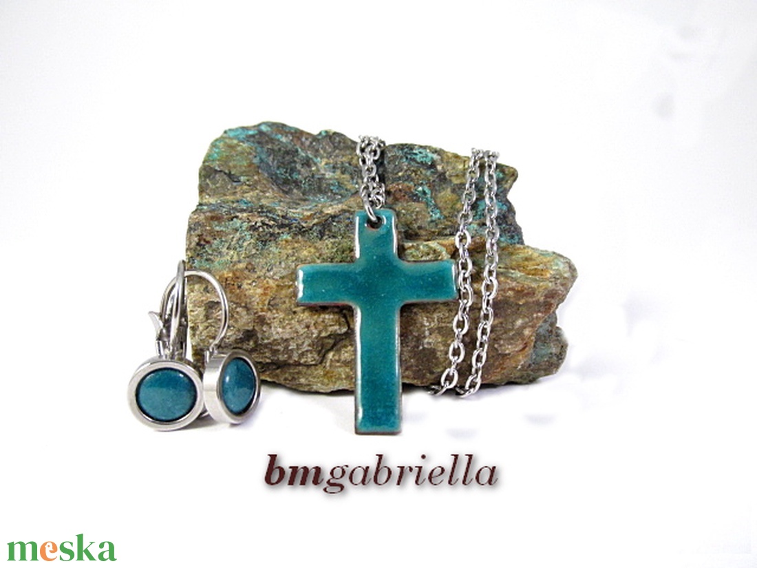 Tűzzománc ékszerszett - kereszt medál orvosi fém láncon és francia kapcsos fülbevaló - türkiz - ékszer - ékszerszett - Meska.hu