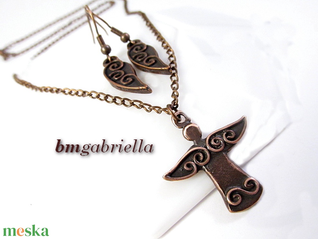 Kisangyal - kézműves ékszerszett - angyal medál vörösréz láncon, angyalszárny fülbevaló - ékszer - ékszerszett - Meska.hu