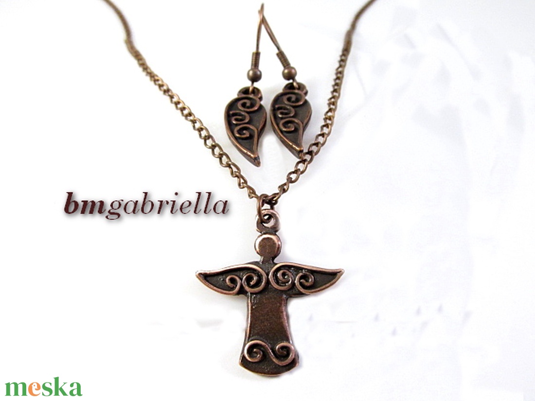 Kisangyal - kézműves ékszerszett - angyal medál vörösréz láncon, angyalszárny fülbevaló - ékszer - ékszerszett - Meska.hu
