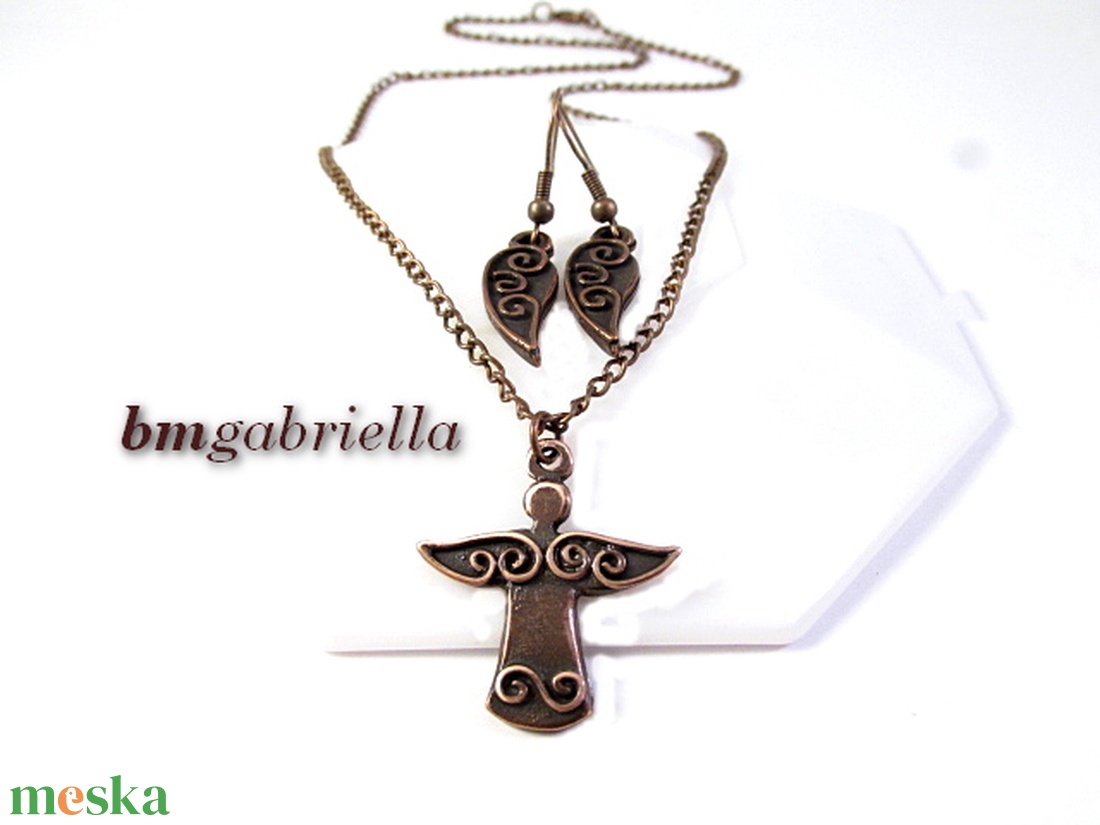 Kisangyal - kézműves ékszerszett - angyal medál vörösréz láncon, angyalszárny fülbevaló - ékszer - ékszerszett - Meska.hu