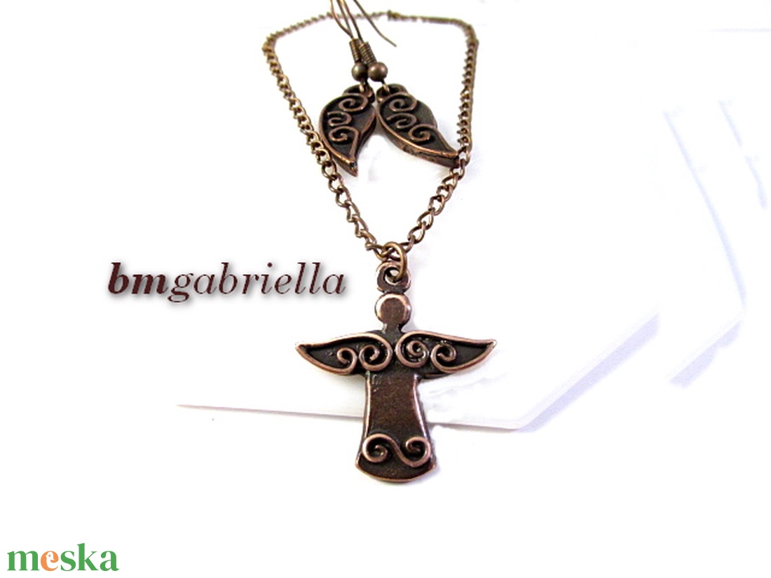 Kisangyal - kézműves ékszerszett - angyal medál vörösréz láncon, angyalszárny fülbevaló - ékszer - ékszerszett - Meska.hu