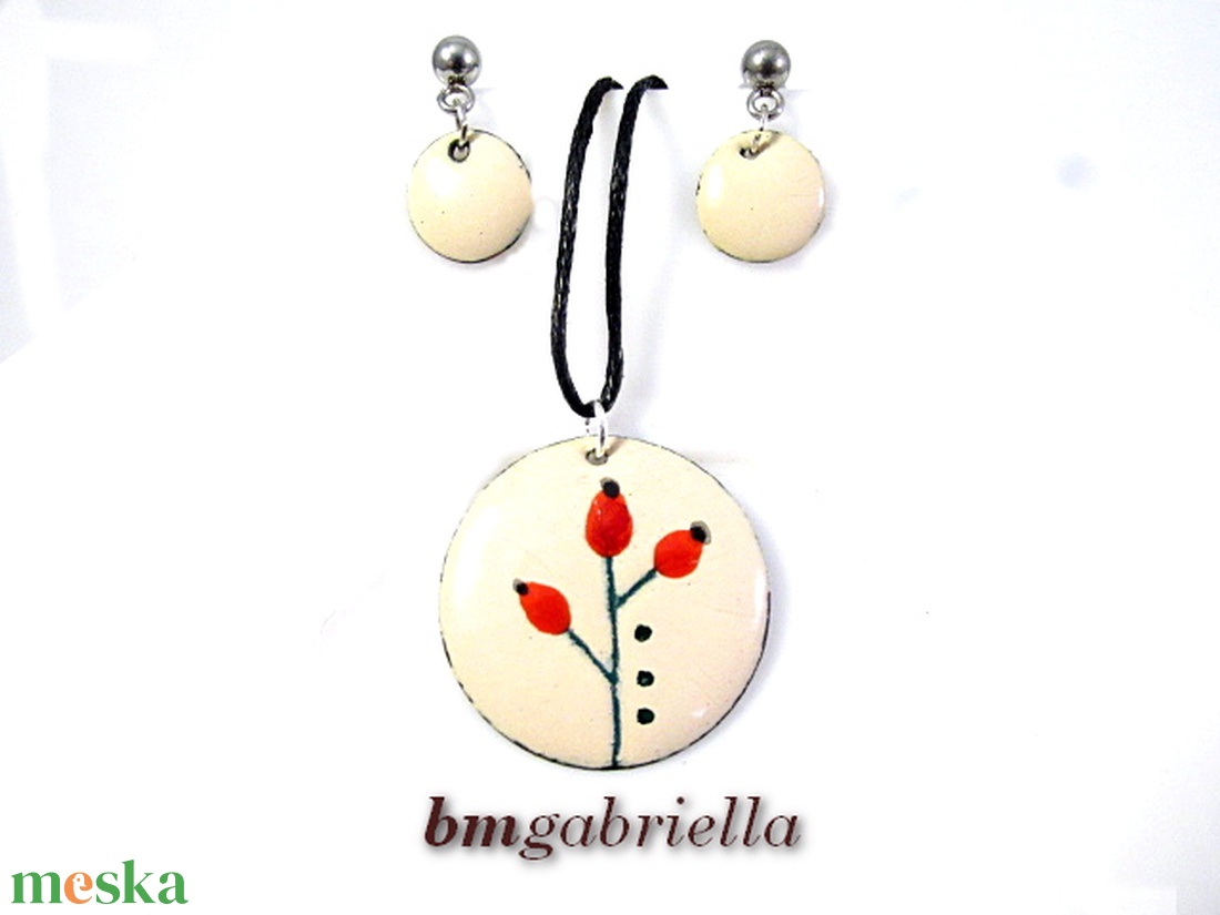 Csipkebogyó - tűzzománc ékszerszett, kerek medál és bedugós fülbevaló - ékszer - ékszerszett - Meska.hu