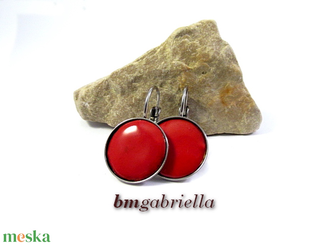 Tűzzománc fülbevaló - nemesacél, orvosi fém fülbevaló francia kapoccsal, piros tűzzománc betéttel - ékszer - fülbevaló - lógó fülbevaló - Meska.hu