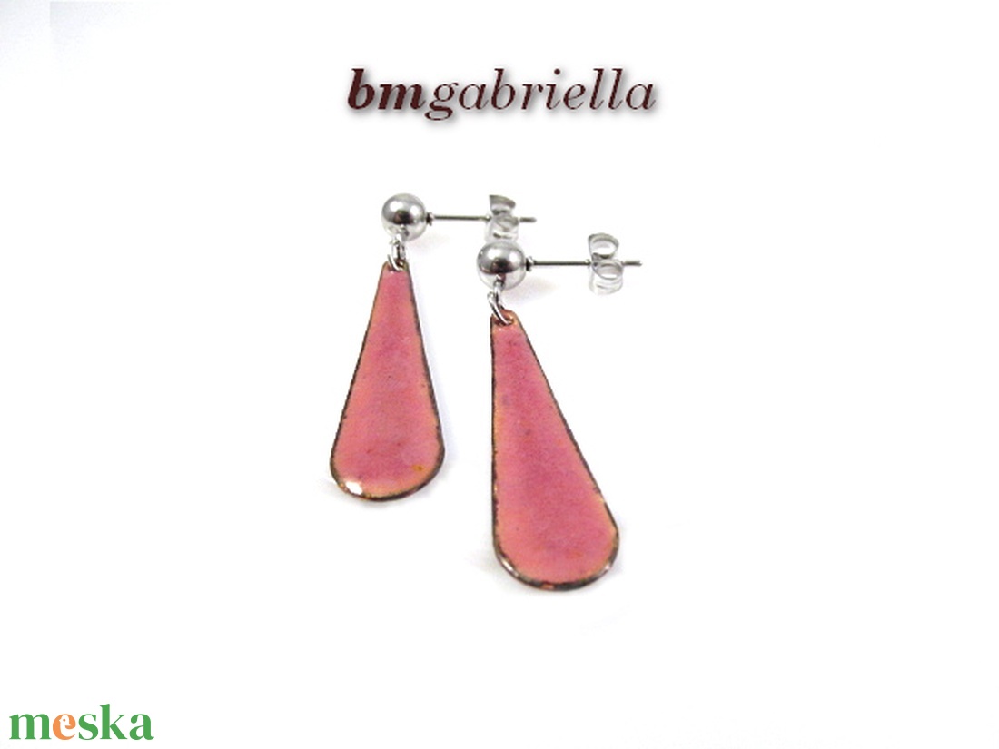 Rózsaszín csepp - tűzzománc bedugós fülbevaló orvosi fém tűvel és stopperrel - ékszer - fülbevaló - lógó fülbevaló - Meska.hu