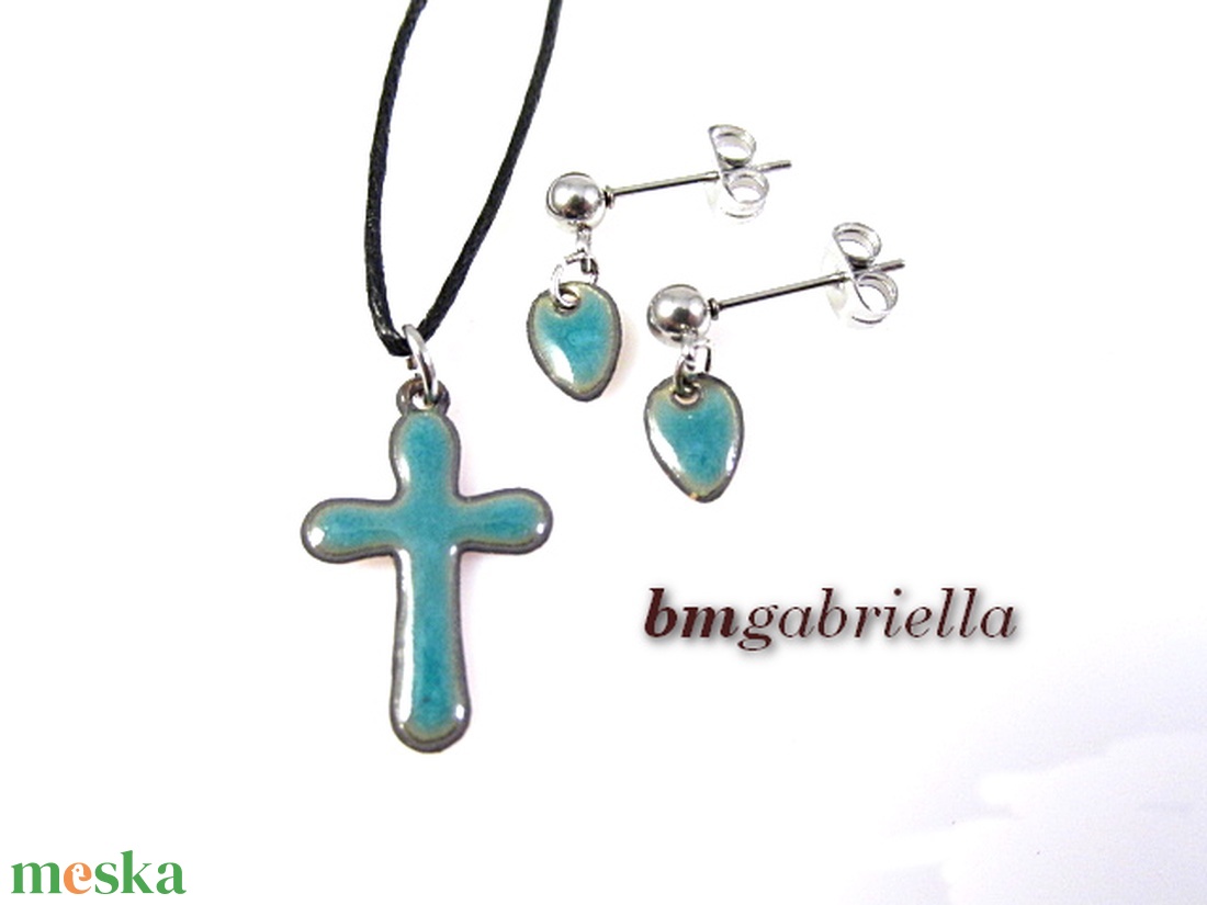Tűzzománc ékszerszett - világoskék kereszt medál és bedugós csepp fülbevaló - ékszer - ékszerszett - Meska.hu