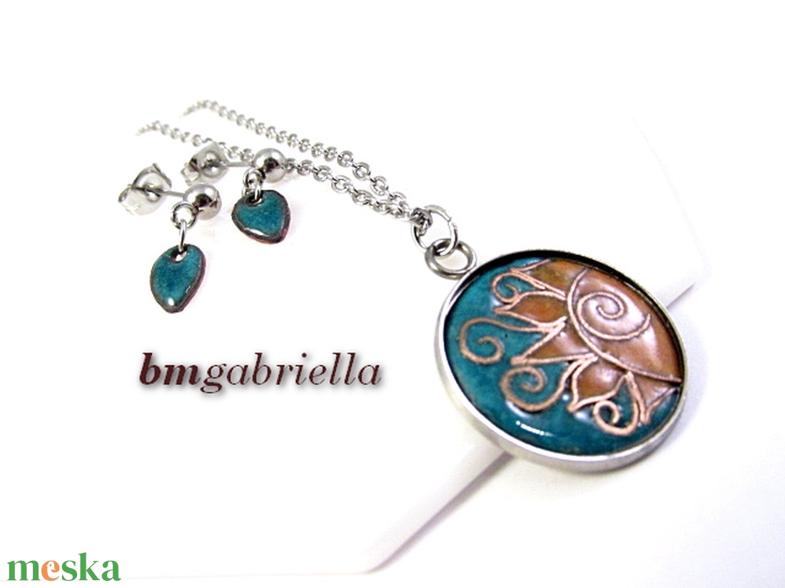 Kelő nap - tűzzománc ékszerszett, orvosi fém nyaklánc, bedugós fülbevaló - ékszer - ékszerszett - Meska.hu