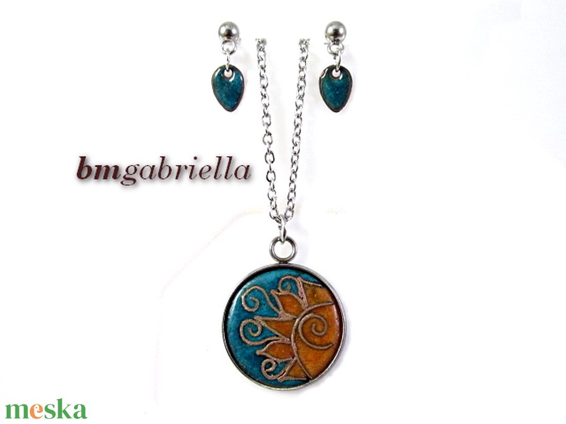 Kelő nap - tűzzománc ékszerszett, orvosi fém nyaklánc, bedugós fülbevaló - ékszer - ékszerszett - Meska.hu