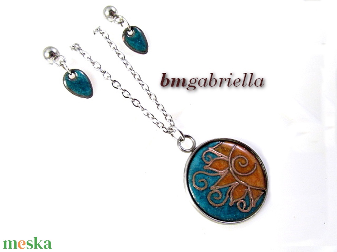 Kelő nap - tűzzománc ékszerszett, orvosi fém nyaklánc, bedugós fülbevaló - ékszer - ékszerszett - Meska.hu